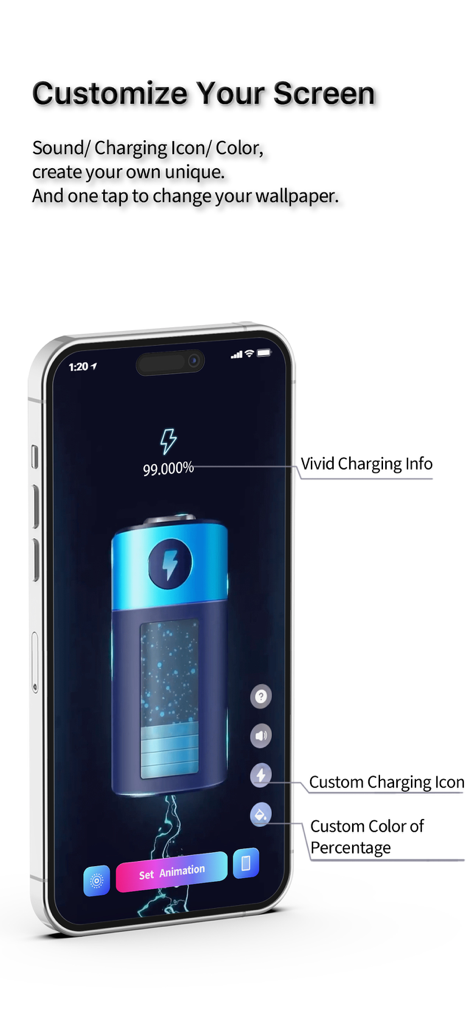 Mimpi-Live Wallpaper&Animation - Smartphone screen displaying a 3D battery charging animation with customization options for icons and colors.