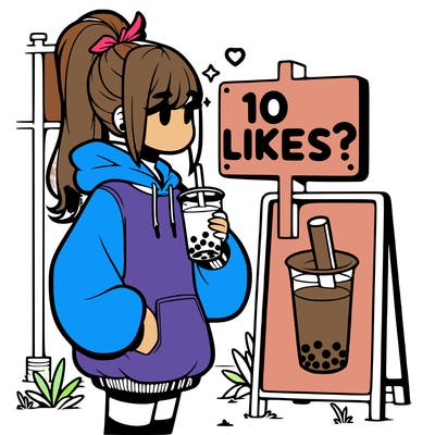 girl with oversized hoodie drinking boba and she has a high ponytail with a sign that says 10likes?