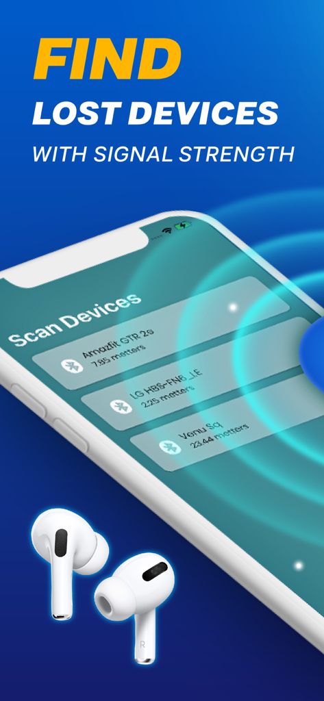Find My Bluetooth Device. - Écran d'iPhone affichant une liste d'appareils Bluetooth à proximité avec les distances estimées pour trouver des appareils électroniques perdus