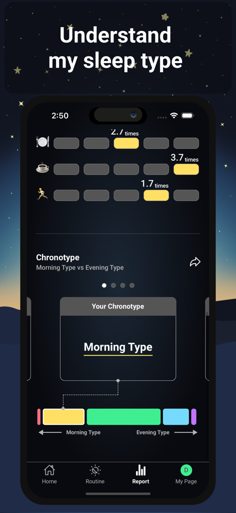 Energy Routine - The Energy Routine app interface displaying a chronotype report that identifies a user as a Morning Type