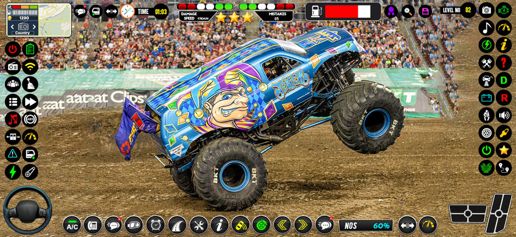 A blue monster truck with a jester decal performing a wheelie in a stadium arena with game UI elements.