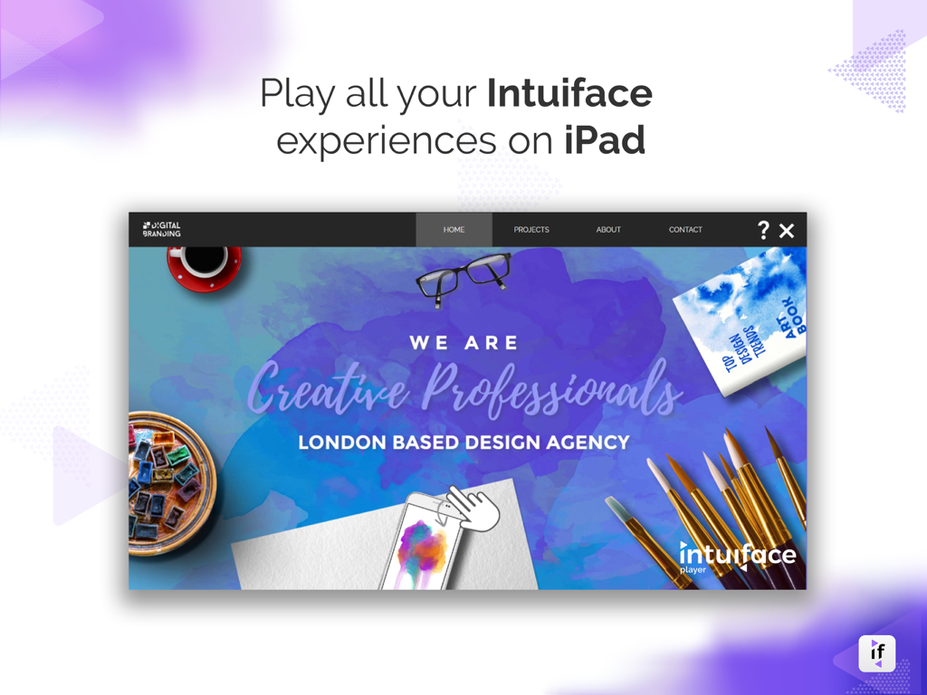 An interactive design agency presentation displayed on an iPad using Intuiface Player.