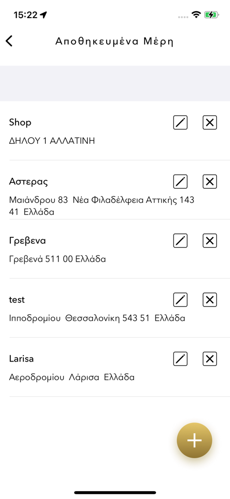 TaxiLife mobile app screen showing a list of saved locations in Greece with options to edit or delete each entry