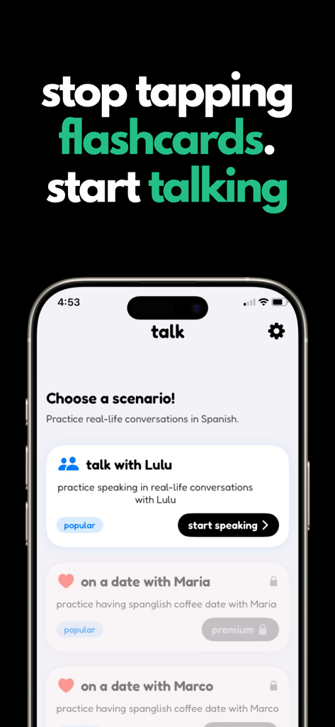 Lulu – Speak Spanish with AI - Interfaz de la aplicación Lulu que muestra escenarios de conversación en español de la vida real con IA