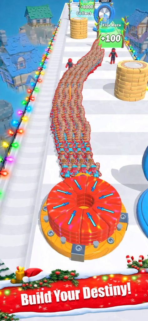 Human Fortune - Mobile gameplay of Human Fortune showing a long line of characters dashing on a snowy track with a Build Your Destiny banner