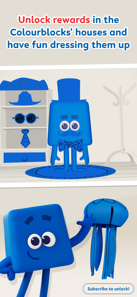 Colorblocks World - Blue character from Colorblocks World wearing a top hat and bowtie in a dressing up game