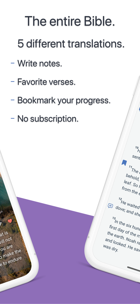 Um gráfico mostrando recursos do aplicativo Bible Thoughts Daily Verses como cinco traduções, anotações e marcadores.