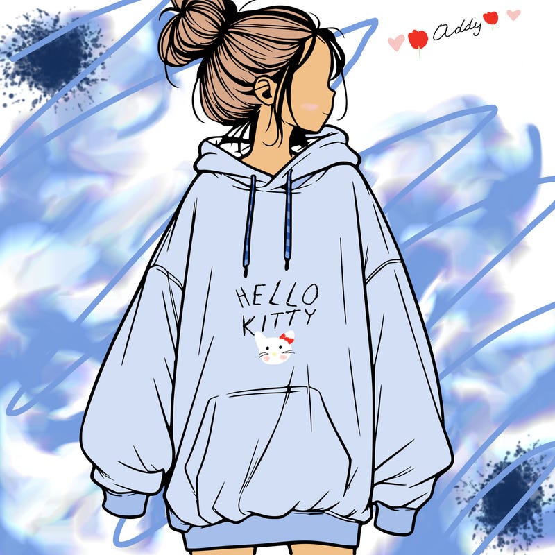 realistic girl with a oversized sweatshirt on and a bun