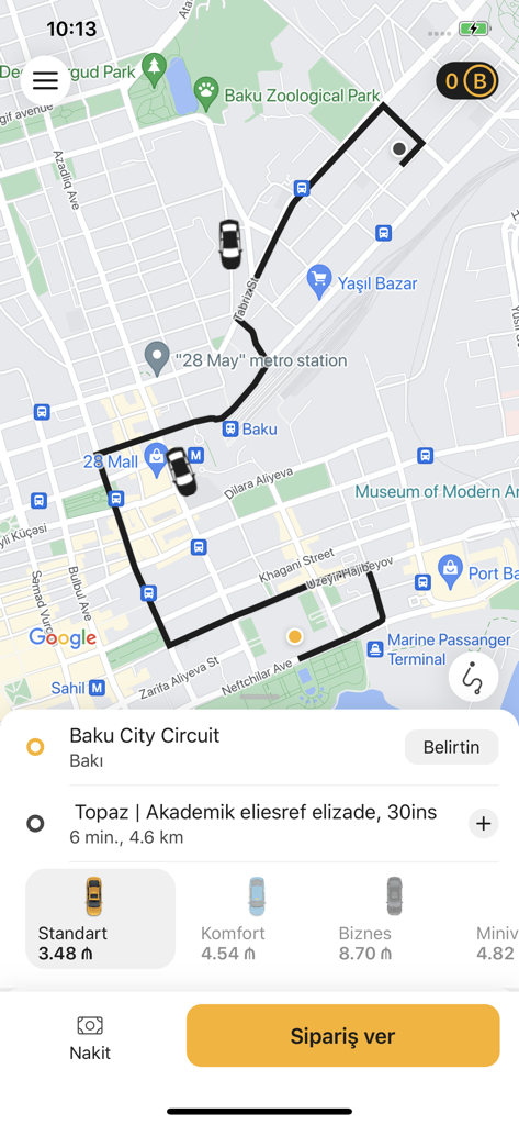 Milli TAXI - Milli TAXIモバイルアプリ画面、地図ルートと乗車オプション、価格を表示