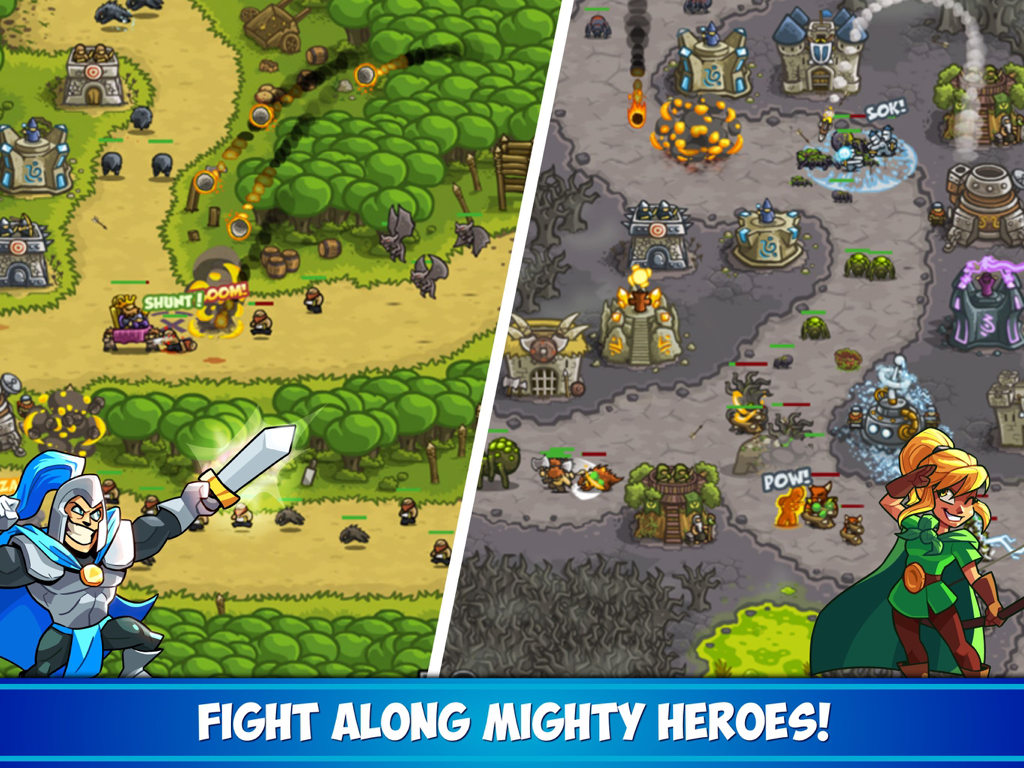Split screen gameplay of Kingdom Rush HD showing heroes and towers defending against enemy waves in forest and wasteland environments