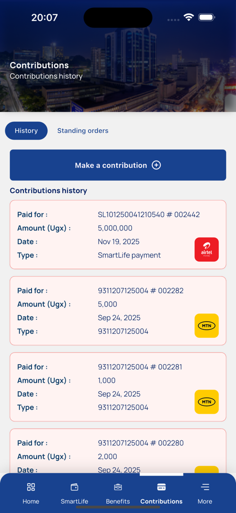 NSSF GO - NSSF GO mobile app screen displaying a history of social security contributions with payment details and a button to make a new contribution