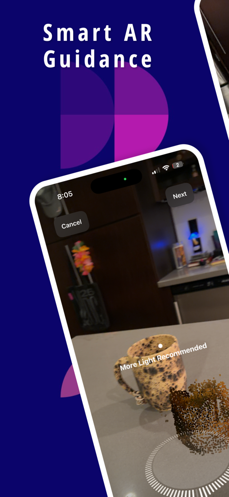 A smartphone screen from the Fab3D app showing smart AR guidance while viewing a 3D mug model in a real-world setting