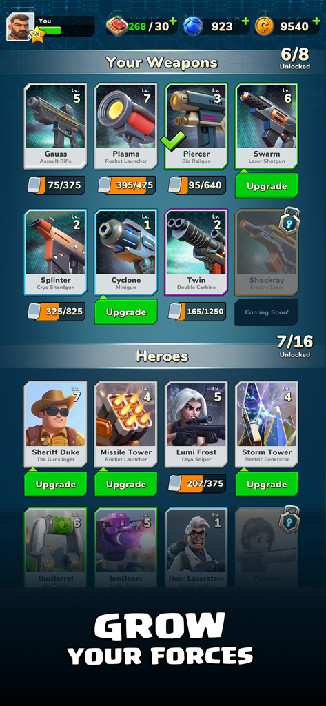 Last Legion: Tower Defense TD - Screenshot of Last Legion mobile game showing weapons and heroes management menu with upgrade options for various items like Gauss rifles and Missile Towers