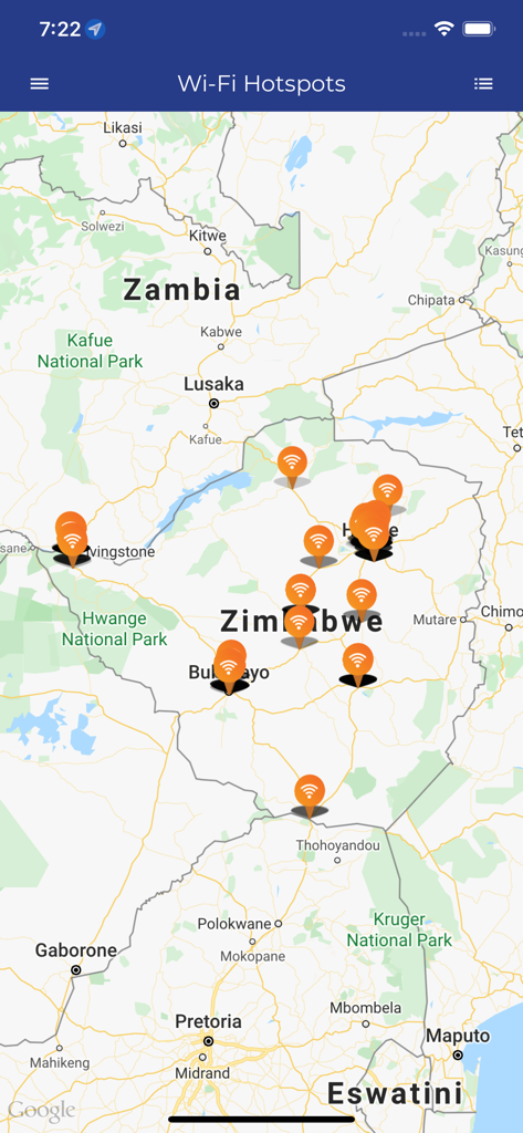 Map of Zimbabwe showing Wi-Fi hotspot locations in the myLiquid Home app