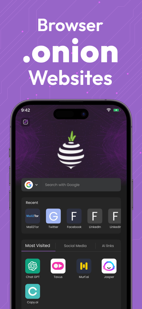 TOR Browser: Onion TOR VPN - Interfaccia dell'app TOR Browser su un iPhone che mostra una barra di ricerca e collegamenti rapidi per siti web onion e strumenti AI