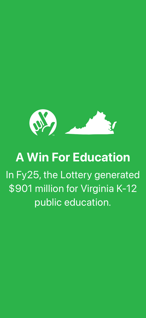 A Win For Education screen from the Virginia Lottery app showing nine hundred and one million dollars generated for K-12 public education