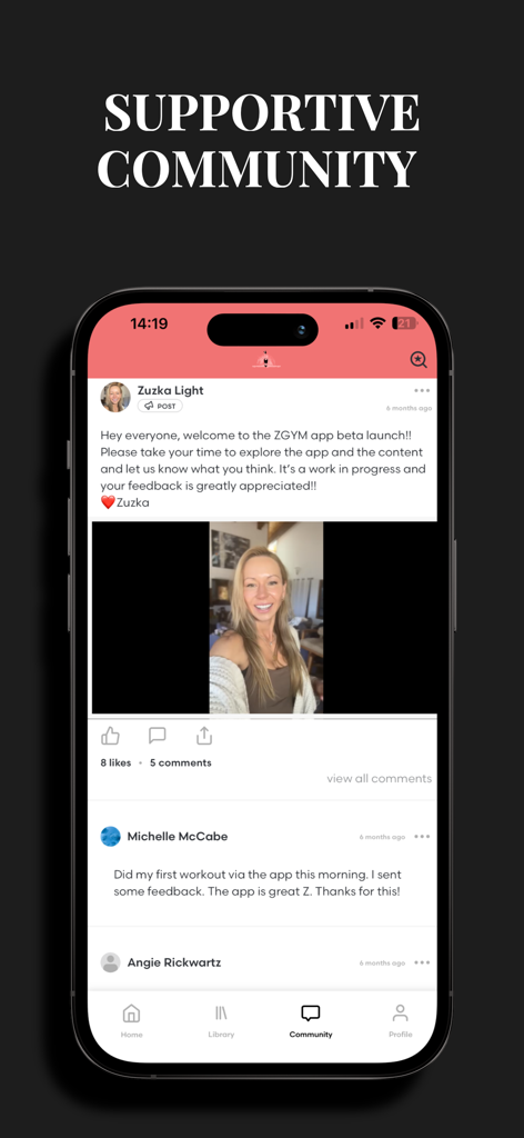 ZGYM - ZGYM mobile app community interface showing a social feed with a post from Zuzka Light and user comments
