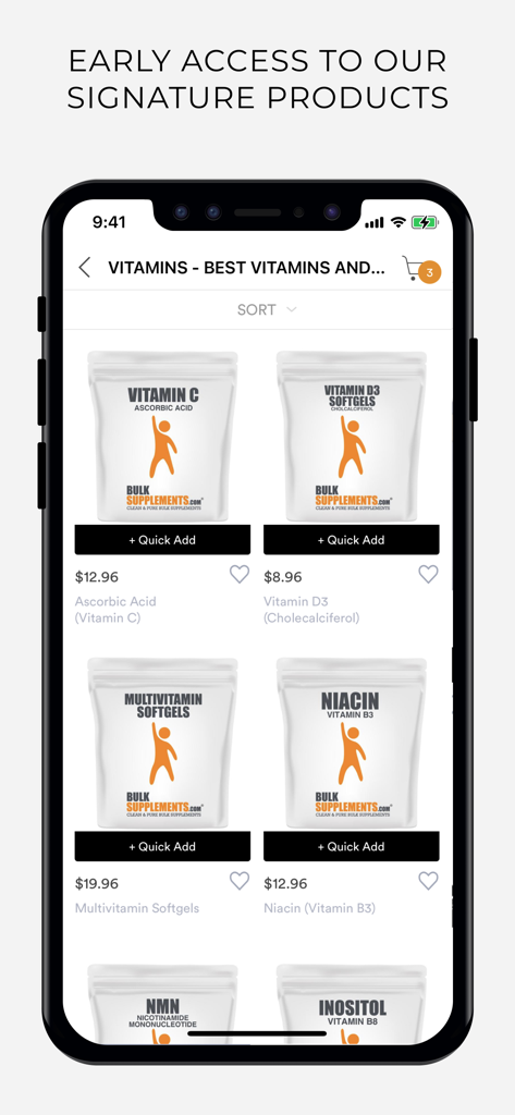 Oberfläche der BulkSupplements-App, die verschiedene reine Vitamine und Nahrungsergänzungsmittel zum Verkauf anzeigt.