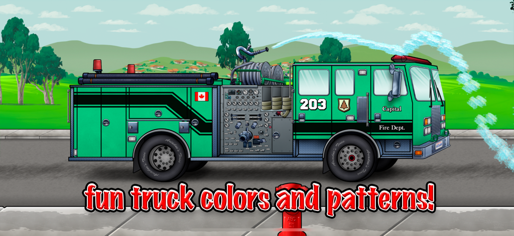 Fire Truck! - A green fire truck spraying water in a watercolor style kids game