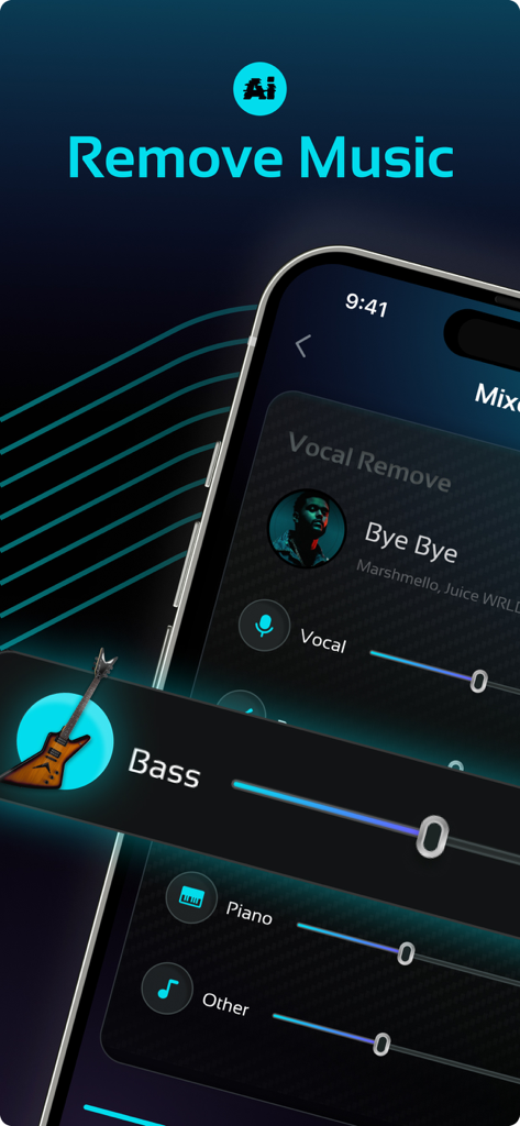 AI Isolate Vocals: Song Splits - AI music app interface showing vocal and instrument isolation controls