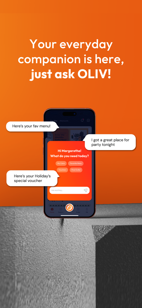 ISMAYA+ - Smartphone screen showing the OLIV virtual assistant within the ISMAYA plus app providing personalized lifestyle recommendations and vouchers.