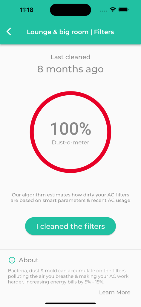 Sensibo - Sensibo app screen showing the dust-o-meter at one hundred percent with a filter cleaning reminder