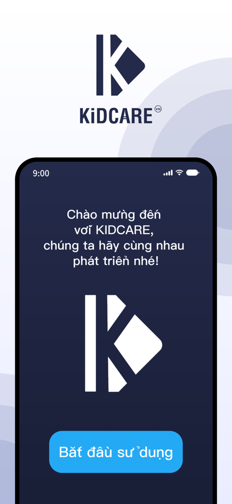 KIDCARE VN - KIDCARE VN app welcome screen showing the brand logo and a start button in Vietnamese