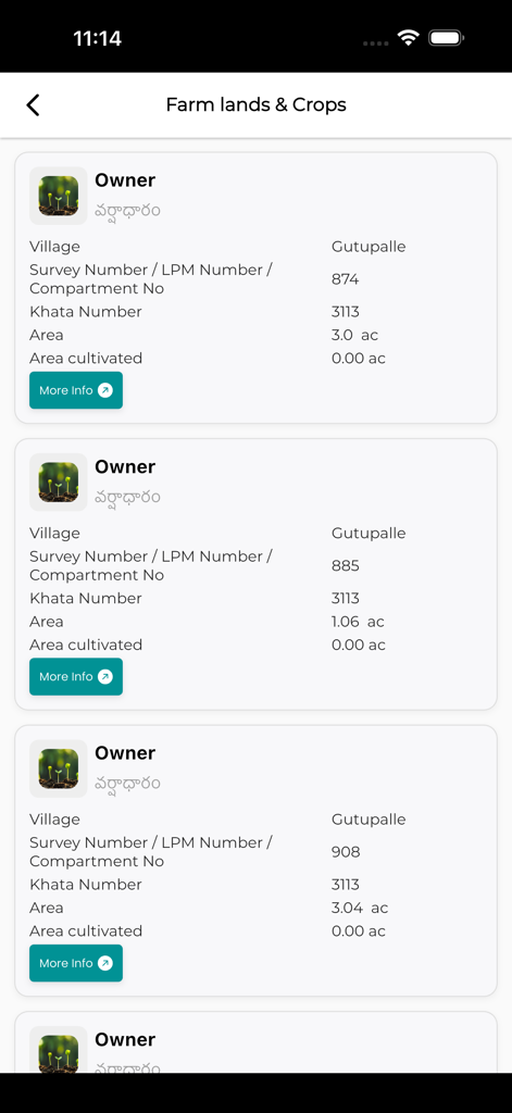 AP AGRI - AP AGRI app interface displaying farm land details and crop information for Andhra Pradesh