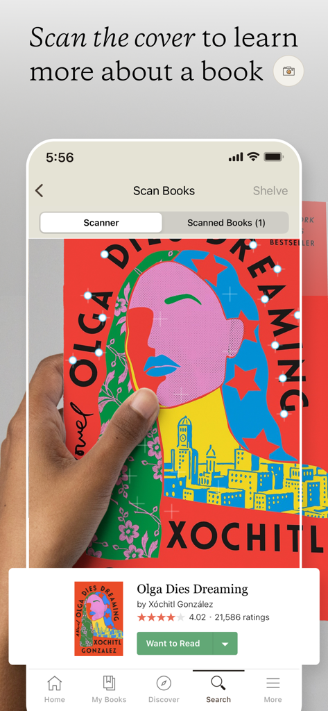 Goodreads: Book Reviews - User scanning a book cover with the Goodreads mobile app to view ratings and add to want to read list