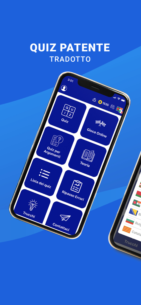 Écran principal de l'application Quiz Patente Tradotto montrant le menu principal avec des options pour les quiz, la théorie et les défis en ligne.