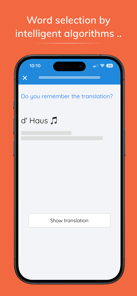 Wuertschatzアプリのルクセンブルク語の単語の翻訳演習を示すモバイル画面。