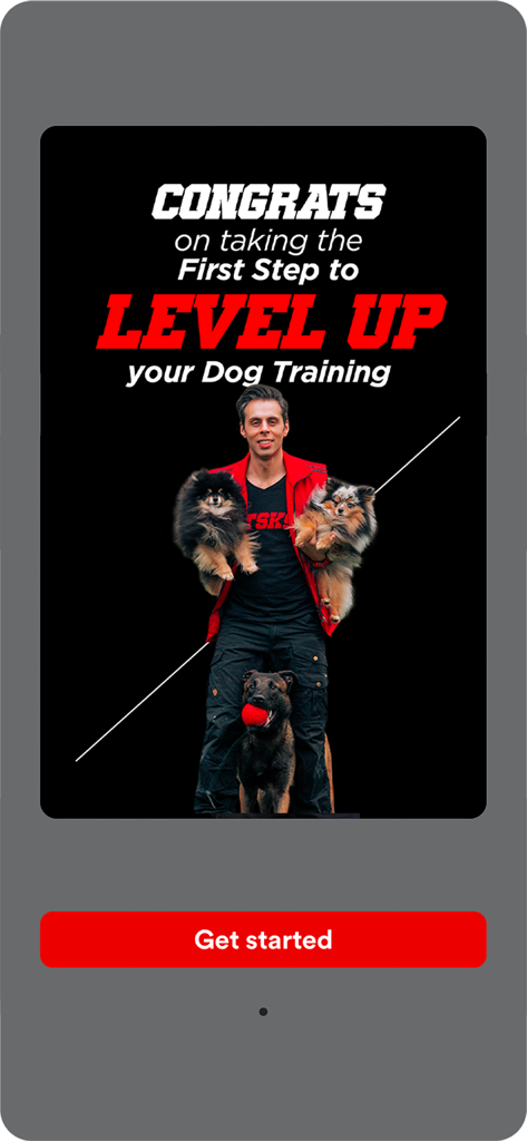 Um treinador segurando três cães na tela de boas-vindas do aplicativo STSK9 com o texto 'level up your dog training' (eleve o treinamento do seu cão).