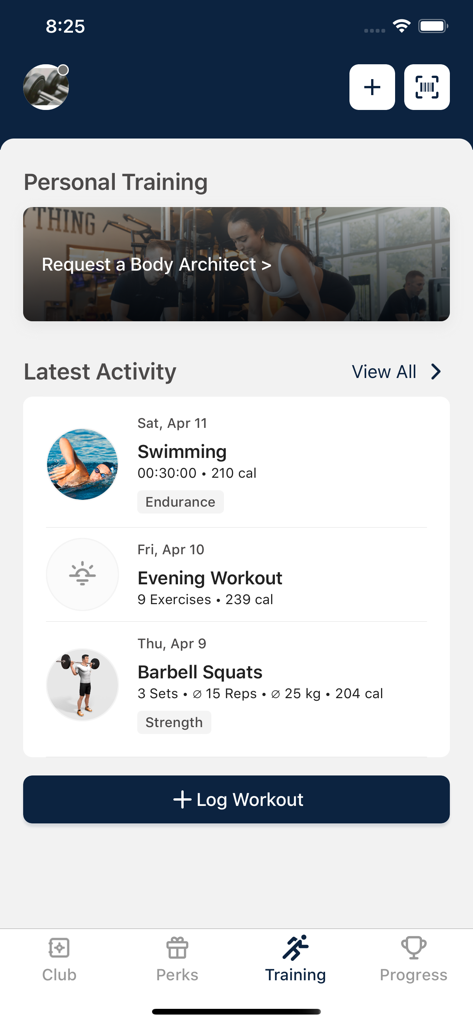 Training dashboard of the Anatomy app showing latest workout activities and a log workout button
