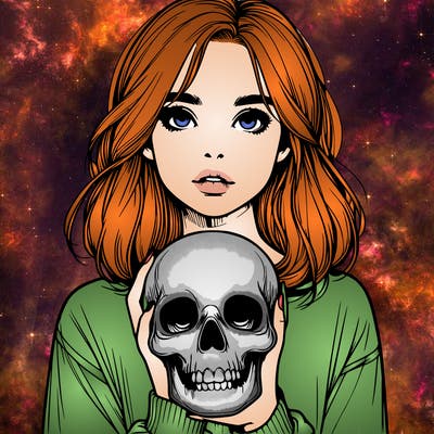 realistic girl holding a skull