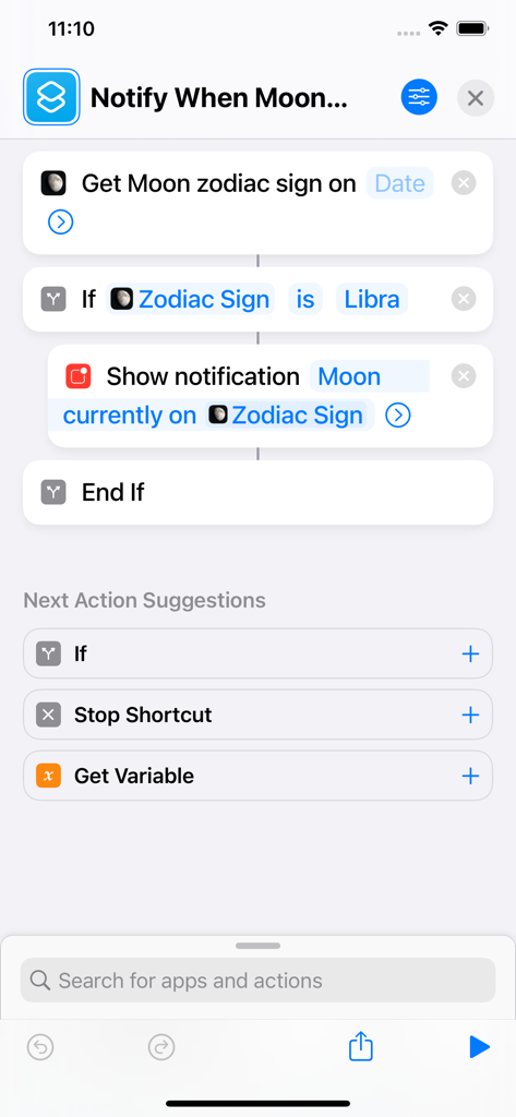 Captura de pantalla de un flujo de trabajo de Atajos de iOS configurando una notificación automatizada para cuando la luna entre en un signo del zodíaco específico utilizando datos de LunarSight.