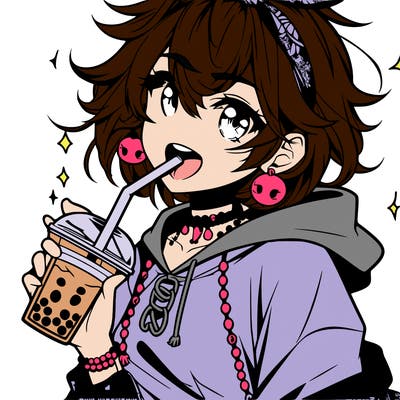 hot baddie anime girl drinking boba and biting the straw