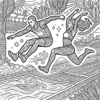 Dive into the thrilling world of athletics with this intricate long jumpers coloring page designed for adults. Experience the focus and dynamism of these athletes as you bring their patterned forms to life.