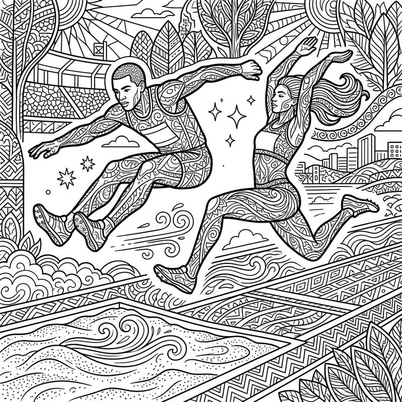 Dive into the thrilling world of athletics with this intricate long jumpers coloring page designed for adults. Experience the focus and dynamism of these athletes as you bring their patterned forms to life.