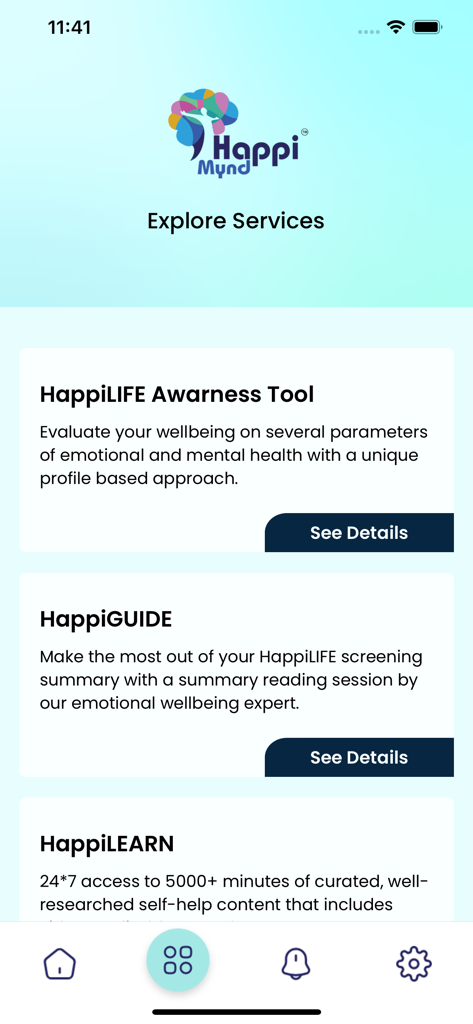 HappiMynd-Emotional Self Help - Interfaz de la aplicación HappiMynd que muestra servicios de salud mental como HappiLIFE y HappiGUIDE