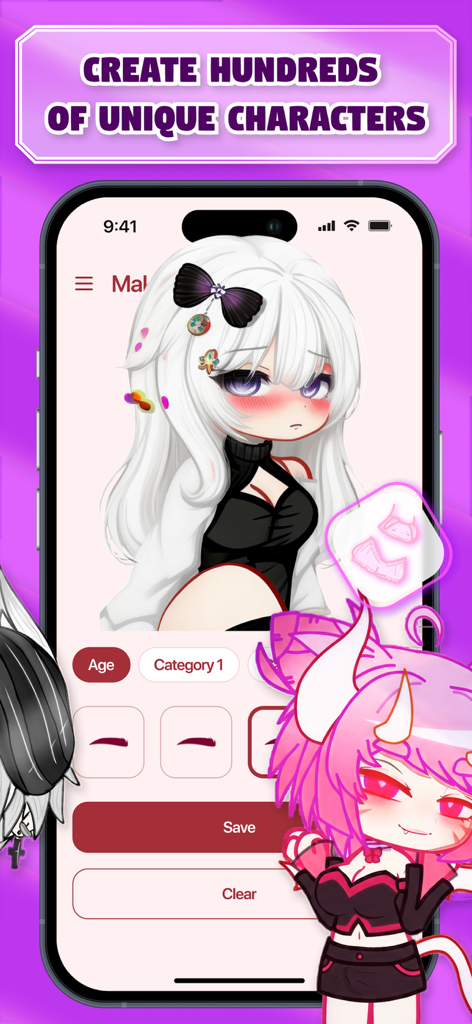 Mobile app screenshot of Gachune showing the character creator interface with various customization options for unique Gacha skins