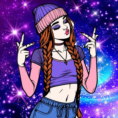 realistic teenage girl with braids and a beanie and crop top doing 🫶🏼