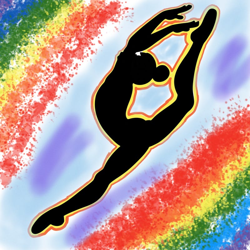 gymnast doing a leap in a leotard with a bent back leg