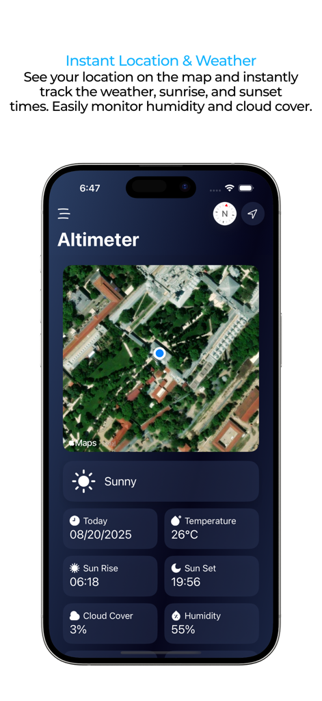 Cuspart Altimeter app interface showing a satellite map and a comprehensive weather dashboard with temperature and sun times.