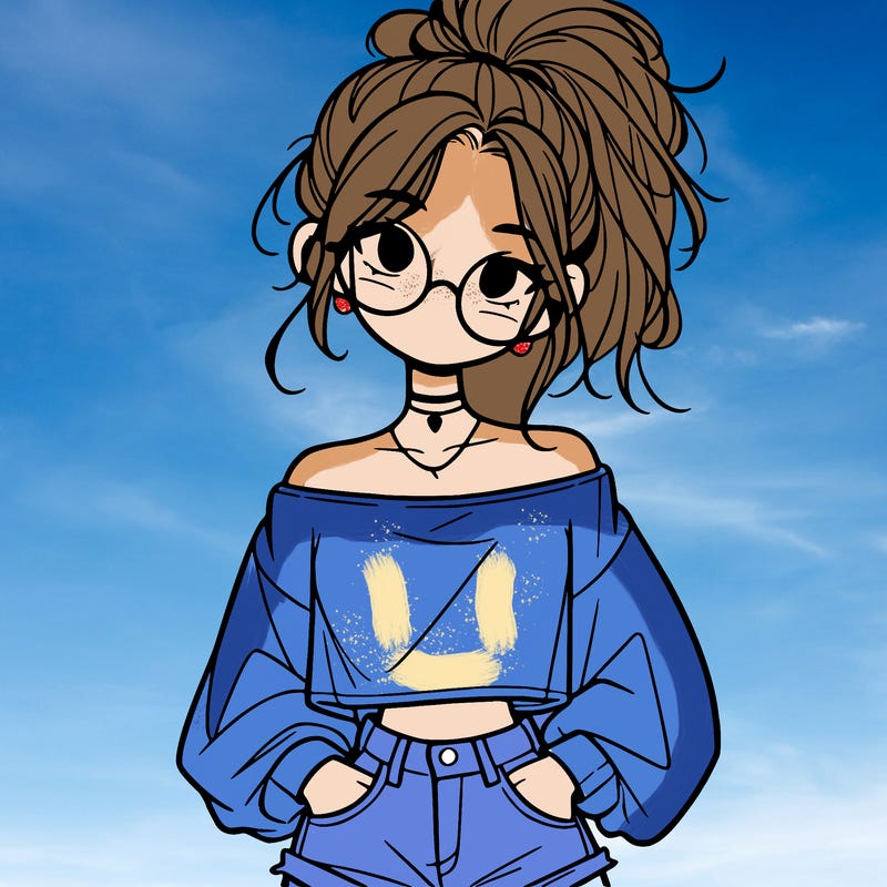 girl with a messy ponytail glasses a baggy crop top and jean shorts