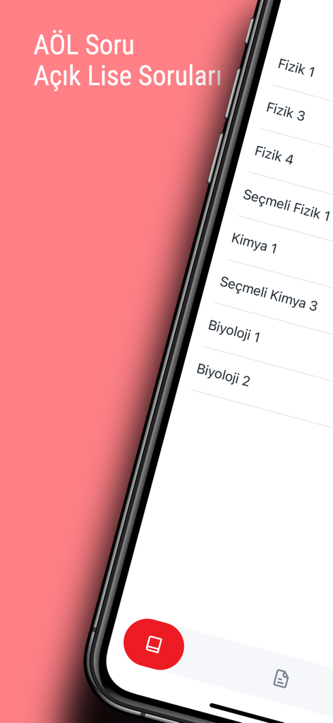 Smartphone screen displaying a list of Turkish high school subjects including Physics Chemistry and Biology in the AOL Soru app