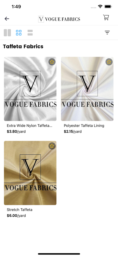 Vogue Fabrics mobile app showing a catalog of Taffeta fabrics with wholesale prices per yard.