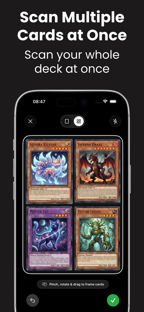 Interface do aplicativo TCG Scan demonstrando o recurso de digitalização de várias cartas com quatro cartas colecionáveis sendo enquadradas pela câmera