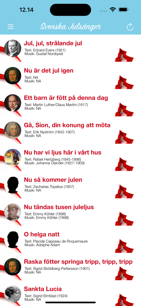 Svenska Julsånger - Liste schwedischer Weihnachtslieder mit Titeln und Komponisten in der App-Oberfläche