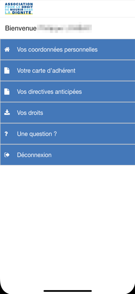 Main menu of the ADMD et Moi application showing options for advance directives, patient rights, and membership details.