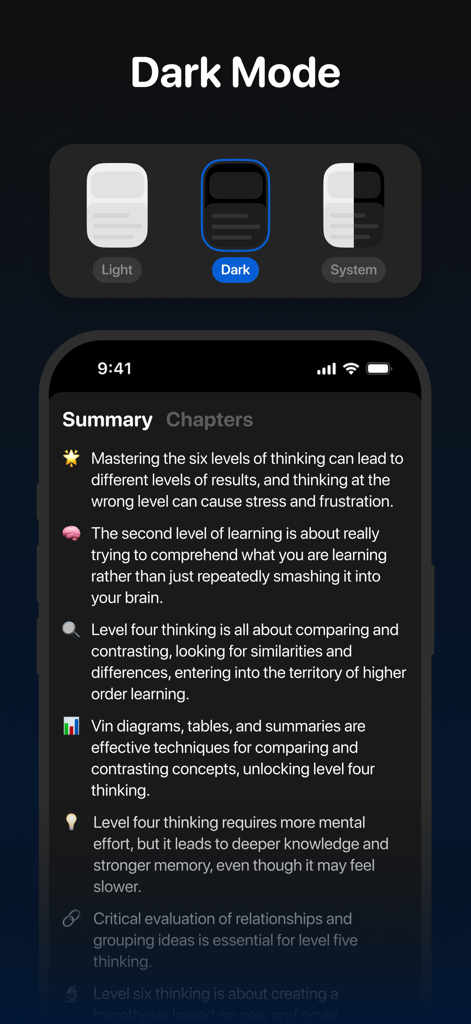TellMeBriefly 앱이 어두운 모드로 YouTube 동영상 요약을 표시하는 인터페이스